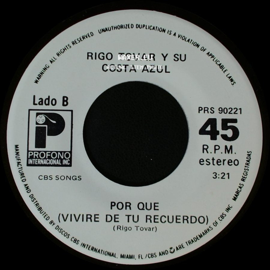 Rigo Tovar Y Su Costa Azul - Quitate La Mascara / Por Que (Vivire De Tu Recuerdo) side B