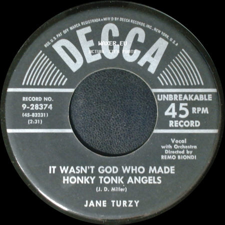 Jane Turzy - Tennessee Warbler / It Wasn't God Who Made Honky Tonk Angels side B
