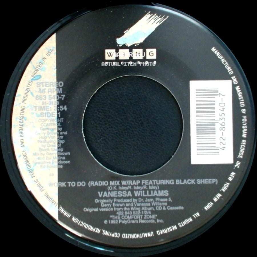 Vanessa Williams - Work To Do (Radio Mix W/Rap Featuring Black Sheep) / Work To Do (Ken Lou Radio Mix W/Rap) side A
