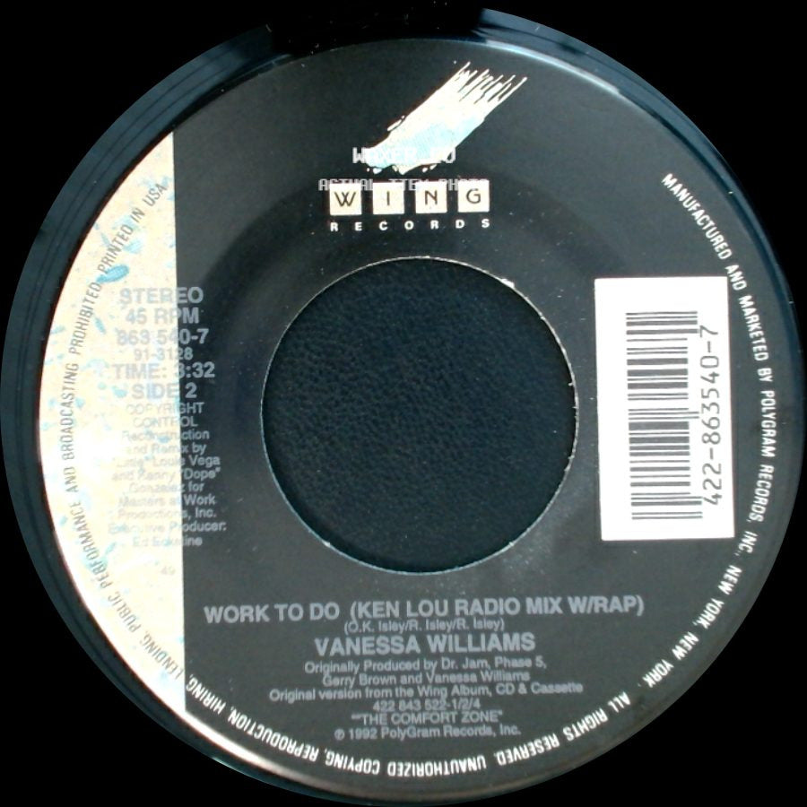 Vanessa Williams - Work To Do (Radio Mix W/Rap Featuring Black Sheep) / Work To Do (Ken Lou Radio Mix W/Rap) side B