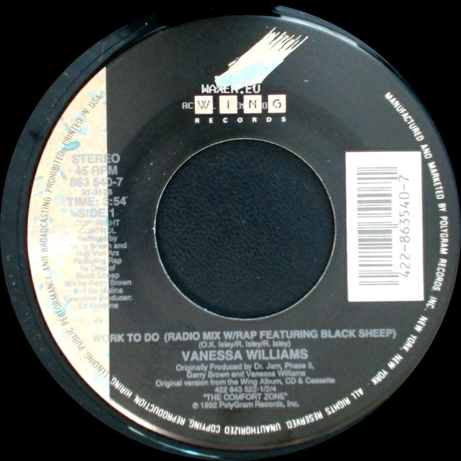 Vanessa Williams - Work To Do (Radio Mix W/Rap Featuring Black Sheep) / Work To Do (Ken Lou Radio Mix W/Rap) side A