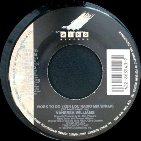 Vanessa Williams - Work To Do (Radio Mix W/Rap Featuring Black Sheep) / Work To Do (Ken Lou Radio Mix W/Rap) side B