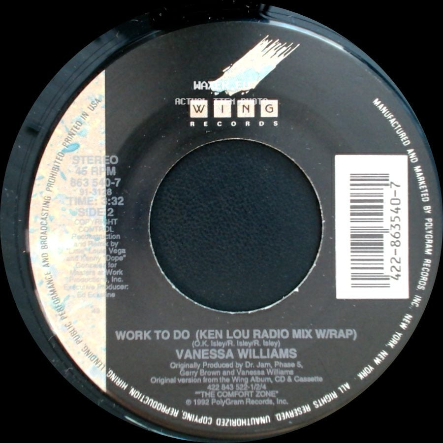 Vanessa Williams - Work To Do (Radio Mix W/Rap Featuring Black Sheep) / Work To Do (Ken Lou Radio Mix W/Rap) side B