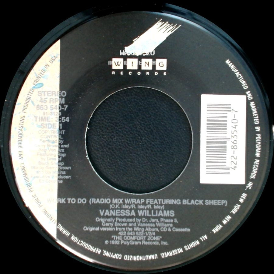 Vanessa Williams - Work To Do (Radio Mix W/Rap Featuring Black Sheep) / Work To Do (Ken Lou Radio Mix W/Rap) side A