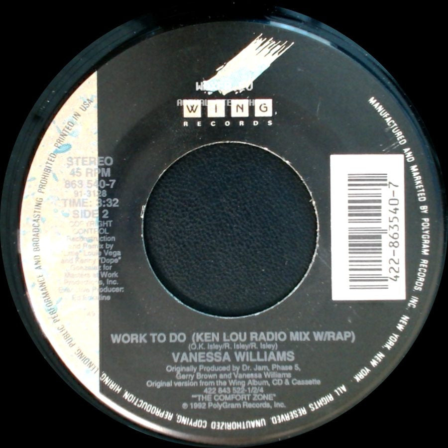 Vanessa Williams - Work To Do (Radio Mix W/Rap Featuring Black Sheep) / Work To Do (Ken Lou Radio Mix W/Rap) side B