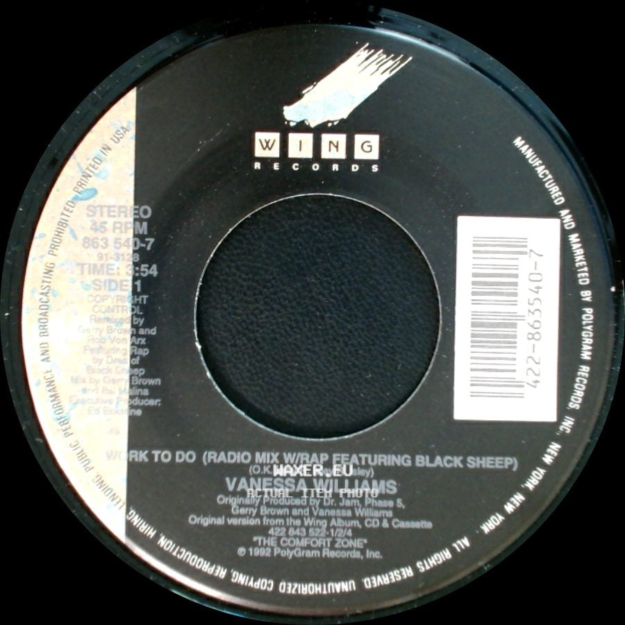 Vanessa Williams - Work To Do (Radio Mix W/Rap Featuring Black Sheep) / Work To Do (Ken Lou Radio Mix W/Rap) side A