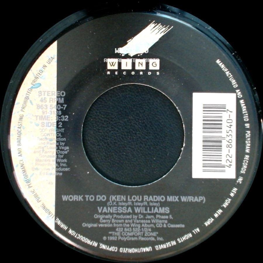 Vanessa Williams - Work To Do (Radio Mix W/Rap Featuring Black Sheep) / Work To Do (Ken Lou Radio Mix W/Rap) side B