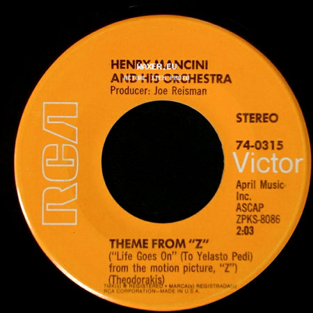 Henry Mancini And His Orchestra - Theme From The Molly Maguires / Theme From "Z" ("Life Goes On" (To Yelasto Pedi) From The Motion Picture, "Z") side B
