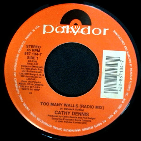 Cathy Dennis - Too Many Walls (Radio Mix) / Too Many Walls (Acappella) side A