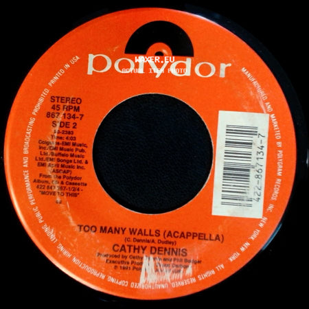 Cathy Dennis - Too Many Walls (Radio Mix) / Too Many Walls (Acappella) side B