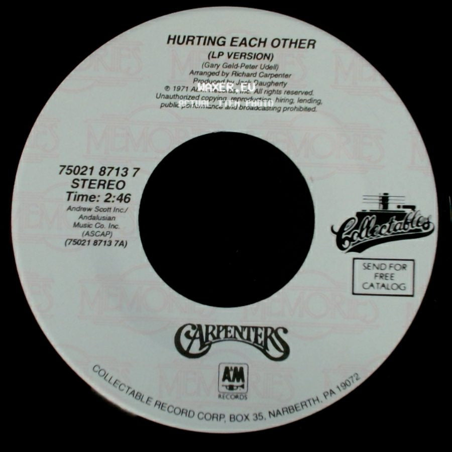 Carpenters - Touch Me When We're Dancing (Lp Version) / Hurting Each Other (Lp Version) side B