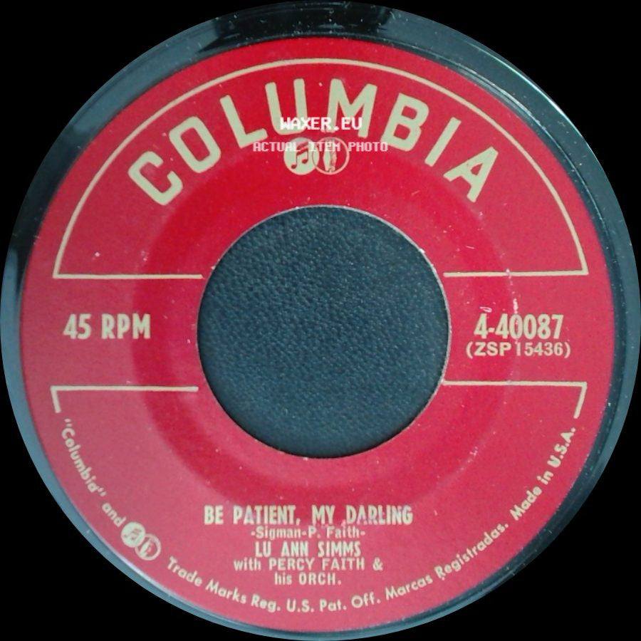 Lu Ann Simms With Percy Faith & His Orch. - Be Patient, My Darling / For Now And Always side A