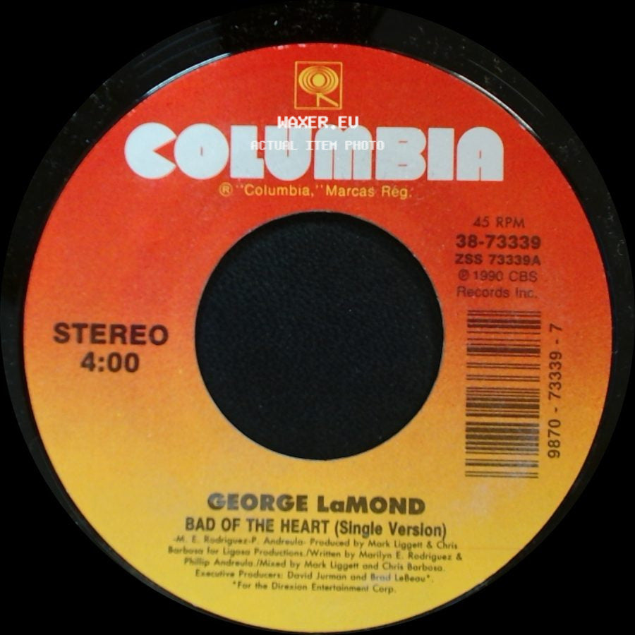 George Lamond - Bad Of The Heart (1990 Club Remix) / Bad Of The Heart (Single Version) side B