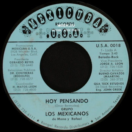 Grupo Los Mexicanos De Mona Y Rafael / Conjunto Los Mexicanos De Mona Y Rafael - Hoy Pensando / Cumbia Del Mexico Lindo side A