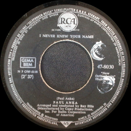 Paul Anka - A Steel Guitar And A Glass Of Wine / I Never Knew Your Name side B
