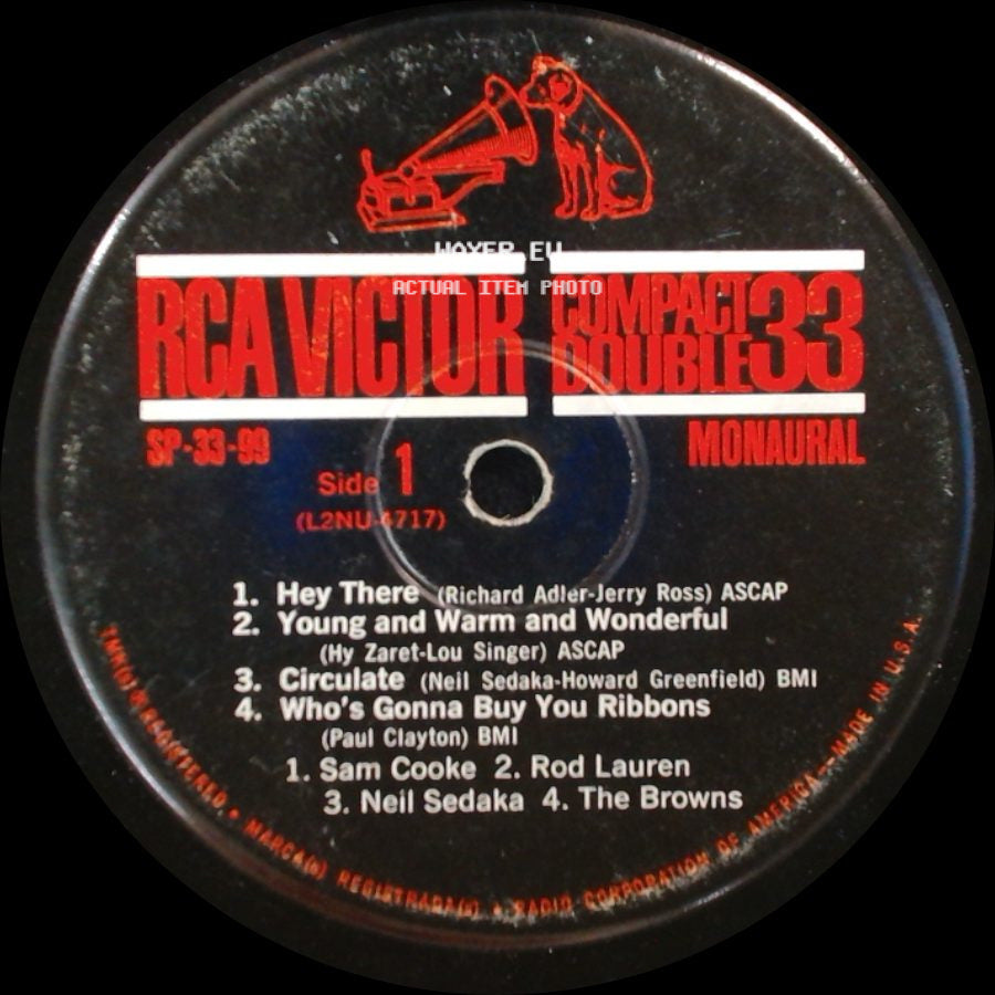 Sam Cooke, Rod Lauren, Neil Sedaka, The Browns - Unknown Title A / Hey There / Young And Warm And Wonderful / Circulate / Who's Gonna Buy You Ribbons side A