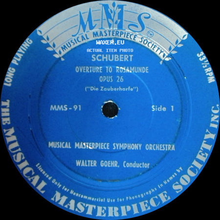 Schubert / Musical Masterpiece Symphony Orchestra - Overture To Rosamunde Opus 26 ("Die Zauberharfe") / Overture In The Italian Style Opus 170 side A