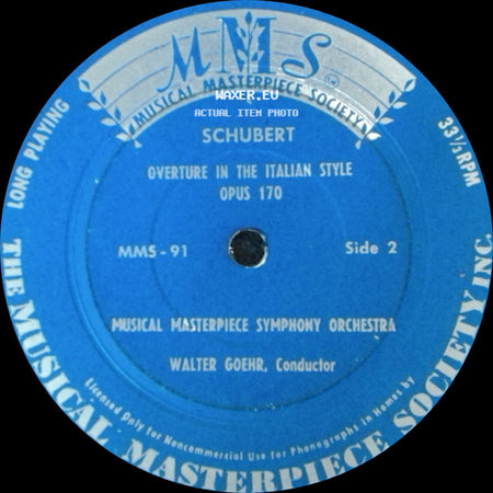 Schubert / Musical Masterpiece Symphony Orchestra - Overture To Rosamunde Opus 26 ("Die Zauberharfe") / Overture In The Italian Style Opus 170 side B