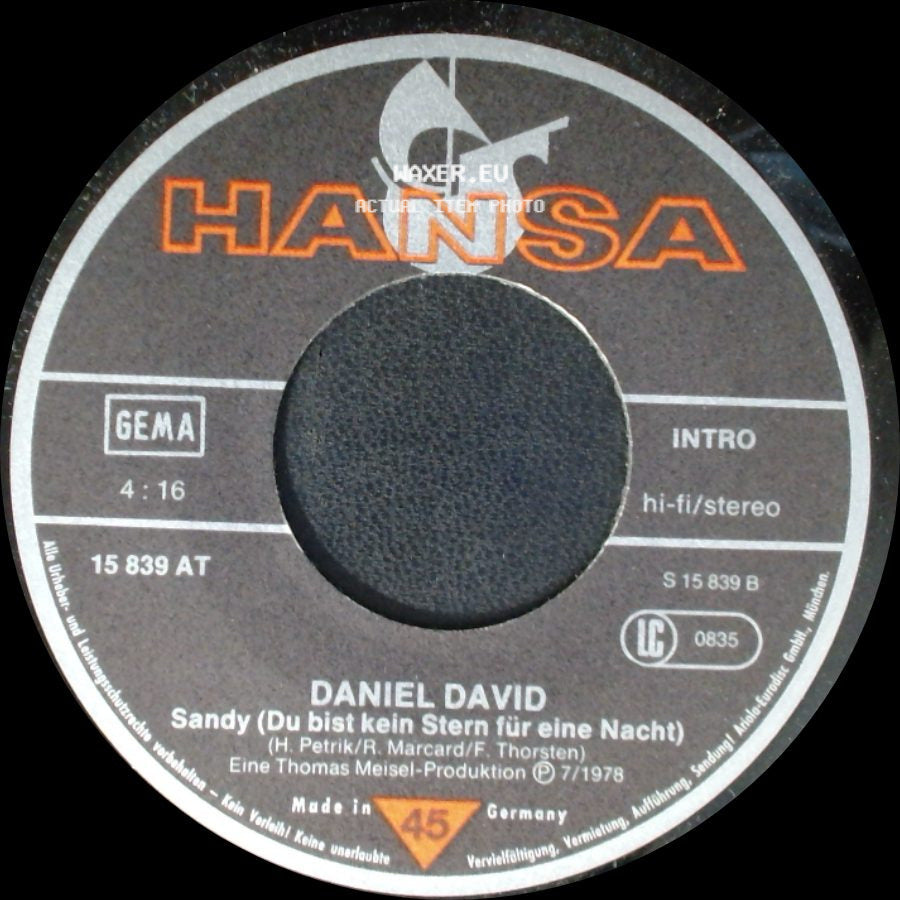 Daniel David - Ein Schuß Rum In Den Tee / Sandy (Du Bist Kein Stern Für Eine Nacht) side B