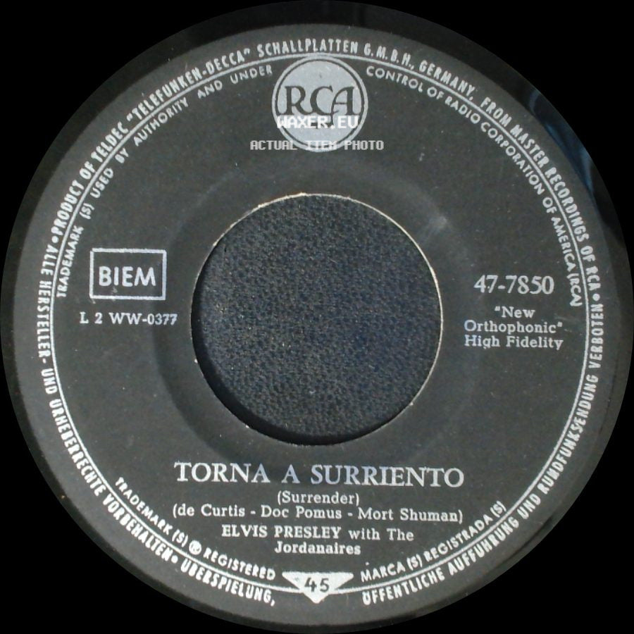 Elvis Presley With The Jordanaires - Torna A Surriento / Lonely Man side A