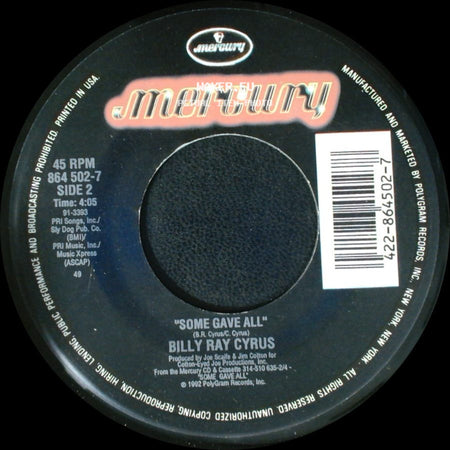 Billy Ray Cyrus - Wher'm I Gonna Live? / Some Gave All side B