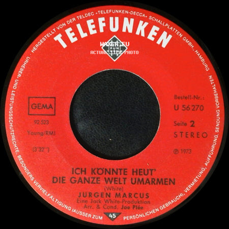 Jurgen Marcus - Ein Festival Der Liebe / Ich Könnte Heut' Die Ganze Welt Umarmen side B