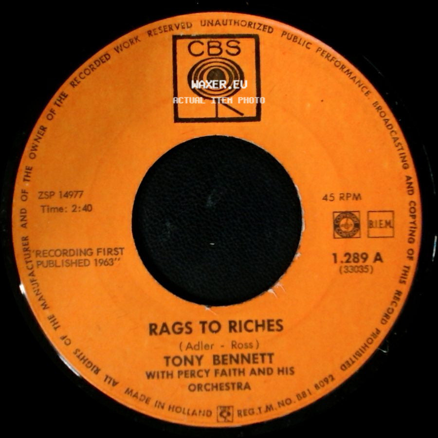 Tony Bennett With Ray Conniff And His Orchestra / Tony Bennett - One For My Baby (And One More For The Road) / Rags To Riches side B