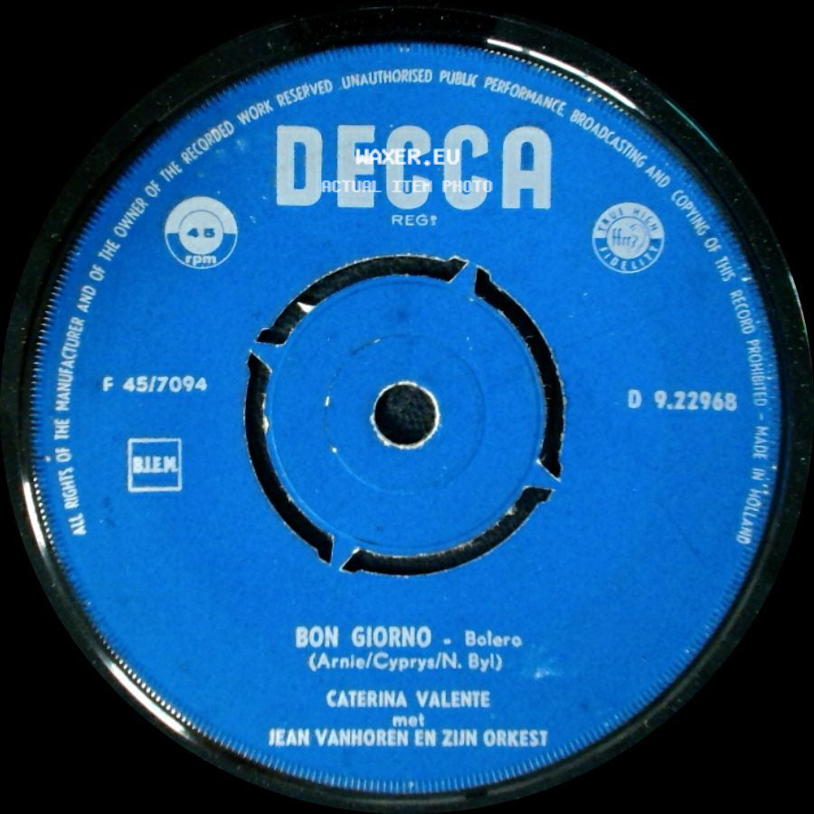 Caterina Valente Met Jean Vanhoren En Zijn Orkest - Bon Giorno / Sweetheart, My Darling, Mijn Schat side A
