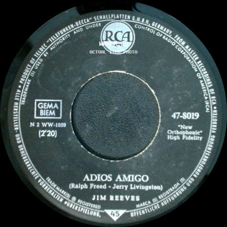 Jim Reeves - Adios Amigo / A Letter To My Heart side A