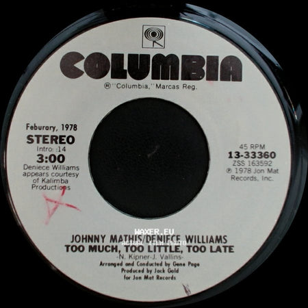 Johnny Mathis/Deniece Williams - You're All I Need To Get By / Too Much, Too Little, Too Late side B