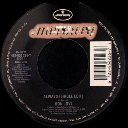 Bon Jovi - Always (Single Edit) / Living In Sin side A