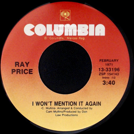 Ray Price - For The Good Times / I Won't Mention It Again side B