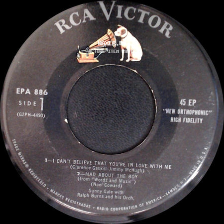Sunny Gale With Ralph Burns And His Orch. - I Can't Believe That You're In Love With Me / Mad About The Boy / 1 - On The Sunny Side Of The Street / 2 - Don't Take Your Love From Me side A