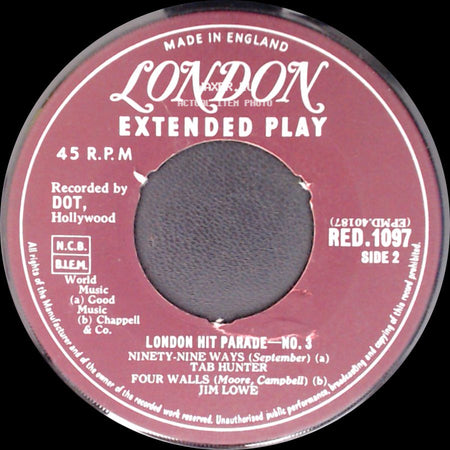 Tab Hunter, Jim Lowe - London Hit Parade - No. 3 / Ninety-Nine Ways / Four Walls side B