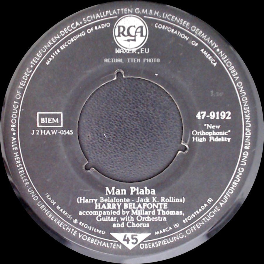 Harry Belafonte / Harry Belafonte With Bob Corman's Orchestra And Chorus, Featuring Millard Thomas, Frantz Casseus And Victor Messer On Guitars - Man Piaba / Haiti Cherie side A