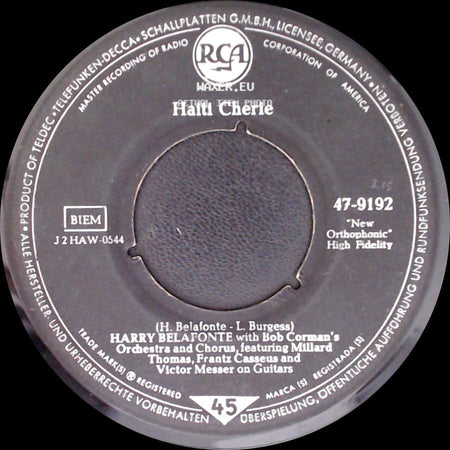 Harry Belafonte / Harry Belafonte With Bob Corman's Orchestra And Chorus, Featuring Millard Thomas, Frantz Casseus And Victor Messer On Guitars - Man Piaba / Haiti Cherie side B