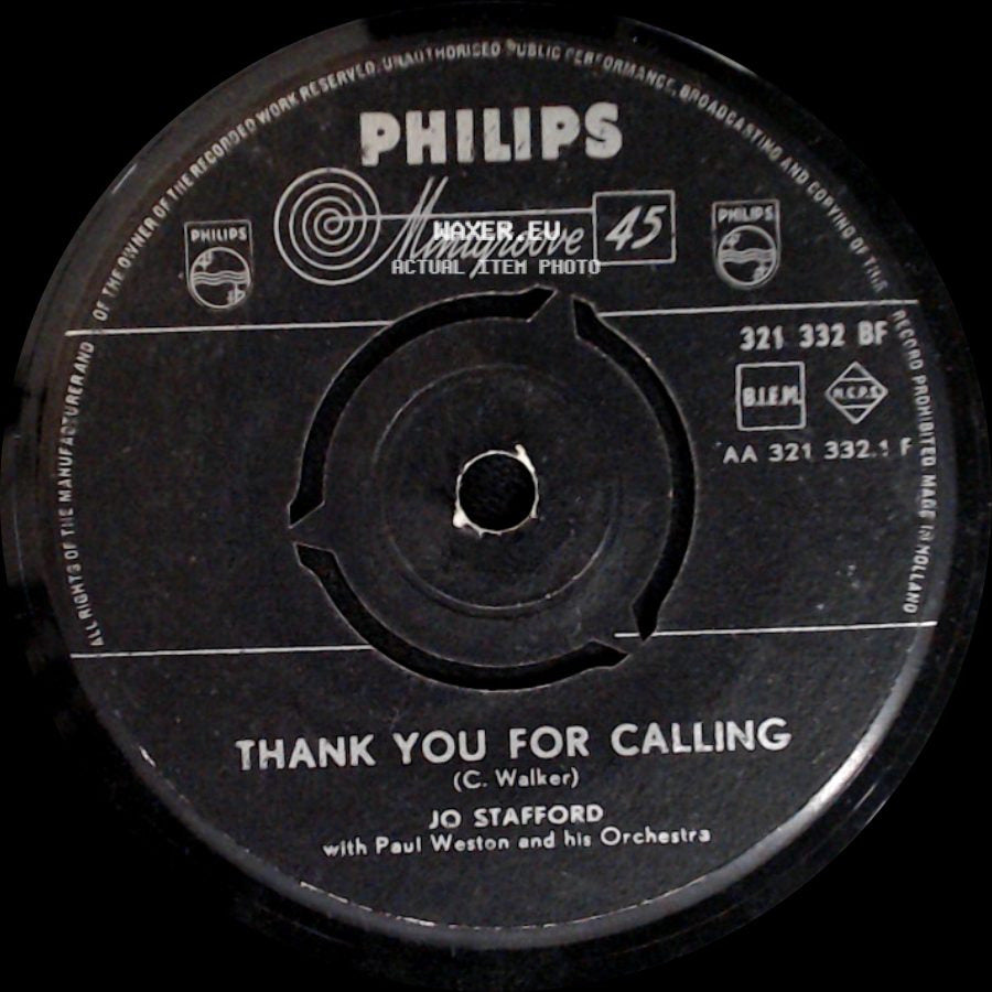 Jo Stafford With Paul Weston And His Orchestra / Jo Stafford - Thank You For Calling / Where Are You? side A