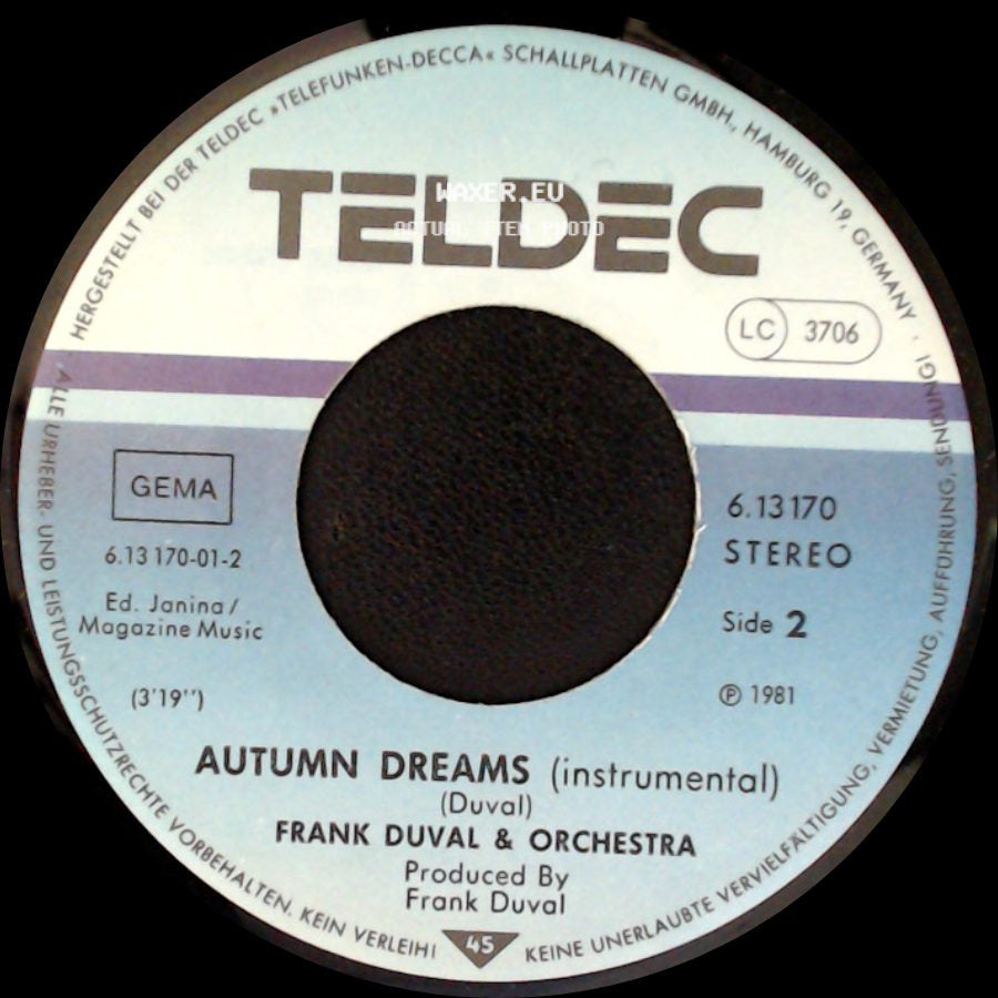 Frank Duval & Orchestra - Cry For Our World (Vocal) / Autumn Dreams (Instrumental) side B