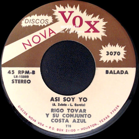 Rigo Tovar Y Su Conjunto Costa Azul - Asi Soy Yo / Todo Por Ti side A