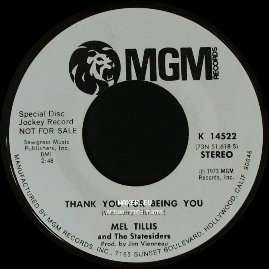 Mel Tillis And The Statesiders - Thank You For Being You / Thank You For Being You side B