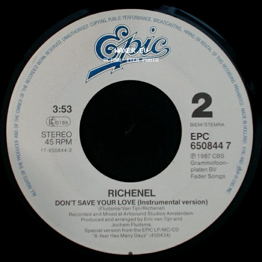 Richenel - Don't Save Your Love (Single Mix) / Don't Save Your Love (Instrumental Version) side B