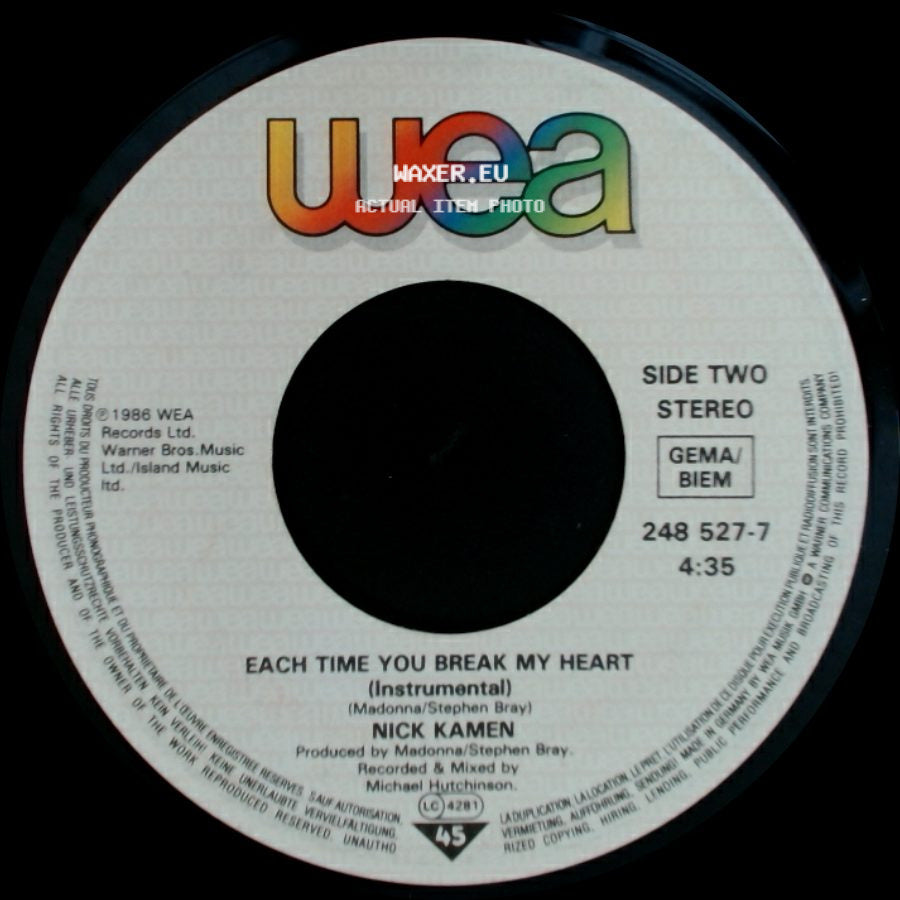 Nick Kamen - Each Time You Break My Heart / Each Time You Break My Heart (Instrumental) side B