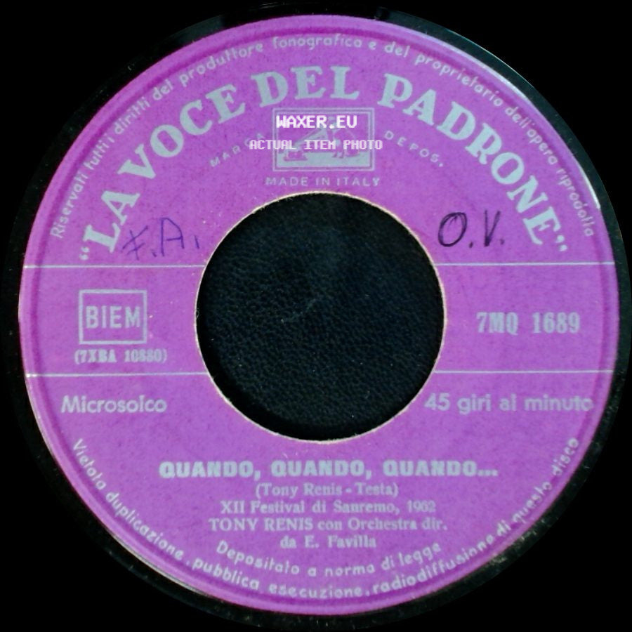Tony Renis / Tony Renis Con Orchestra Dir. Da E. Favilla - Quando, Quando, Quando... / Blu side A