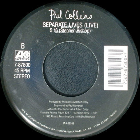 Phil Collins - Hang In Long Enough / Separate Lives (Live) side B
