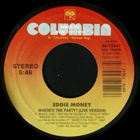 Eddie Money - Where's The Party? (Live Version) / Peace In Our Time side A