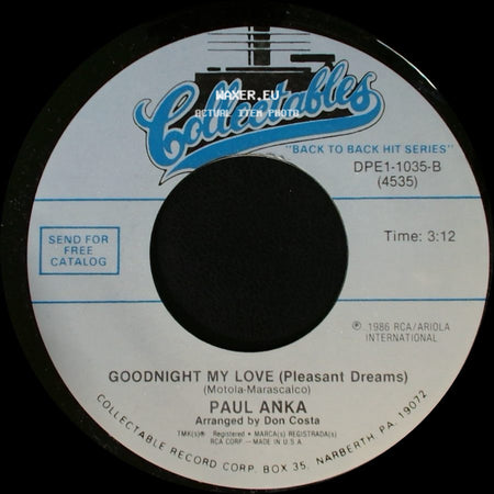 Paul Anka - Love Me Warm And Tender / Goodnight My Love (Pleasant Dreams) side B
