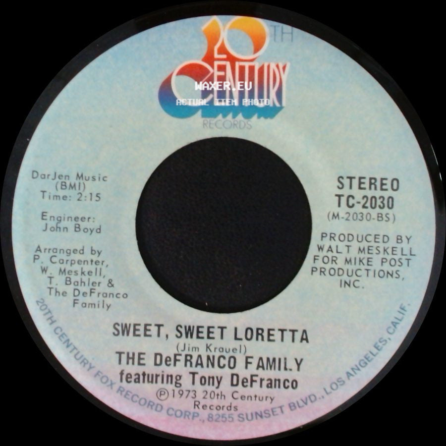 The Defranco Family Featuring Tony Defranco - Heartbeat - It's A Love Beat / Sweet, Sweet Loretta side B