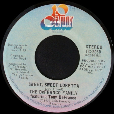 The Defranco Family Featuring Tony Defranco - Heartbeat - It's A Love Beat / Sweet, Sweet Loretta side B
