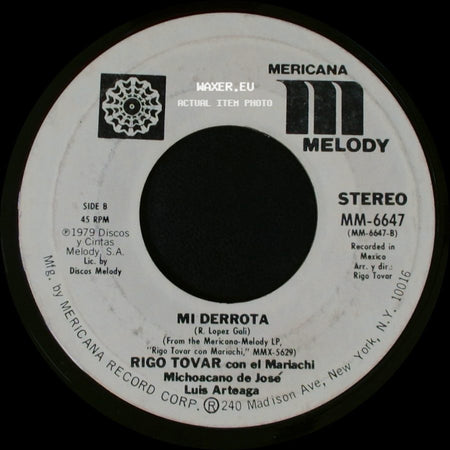 Rigo Tovar Con El Mariachi Michoacano De Jose Luis Arteaga - Una Palomita / Mi Derrota side B
