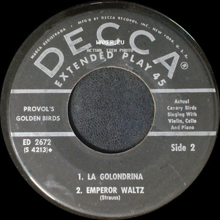 Provol's Golden Birds - 1. Ciribiribin 2. Tales From The Vienna Woods (Strauss) / Unknown Title B side B